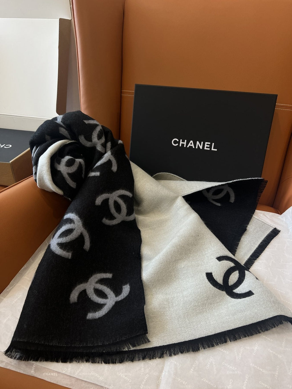 Chanel Reversible Black and Ivory Scarf product image 4, provided for visual reference and product detail review