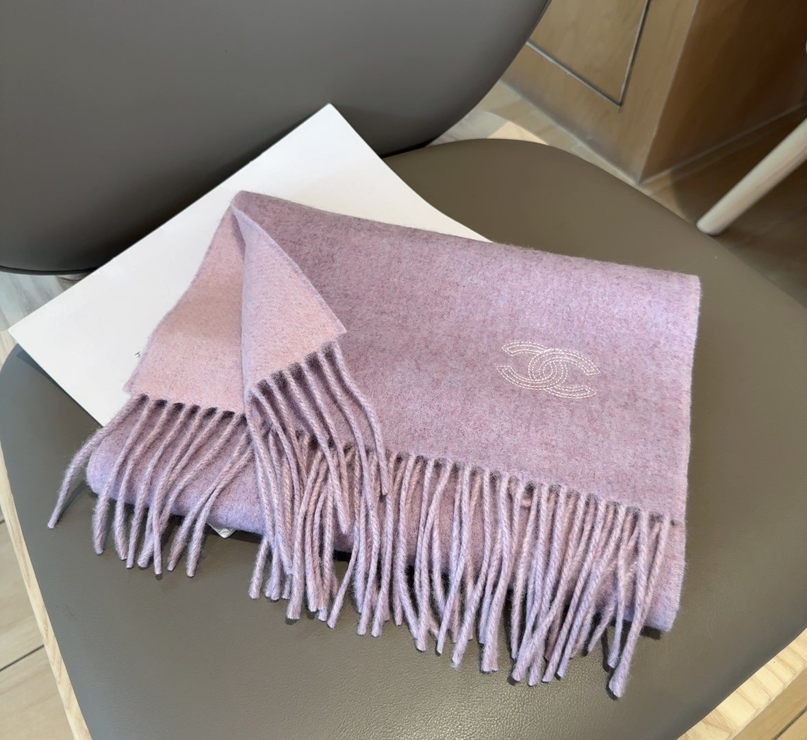 Chanel Mauve and Pale Pink Fringed Scarf product image 1, provided for visual reference and product detail review