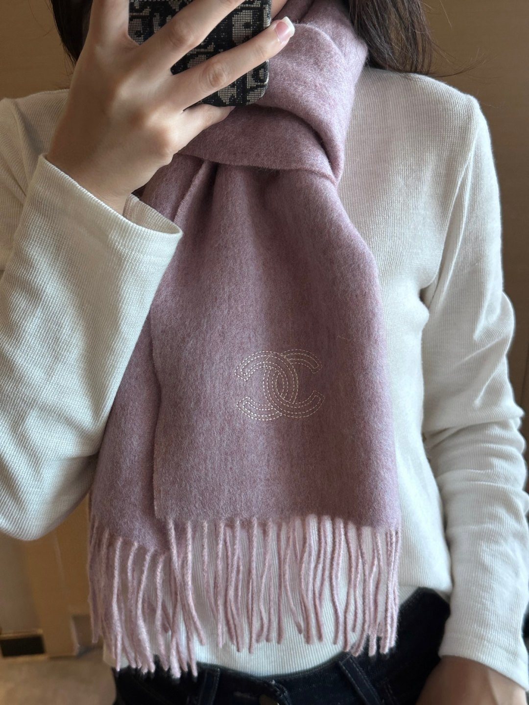 Chanel Mauve and Pale Pink Fringed Scarf product image 3, provided for visual reference and product detail review