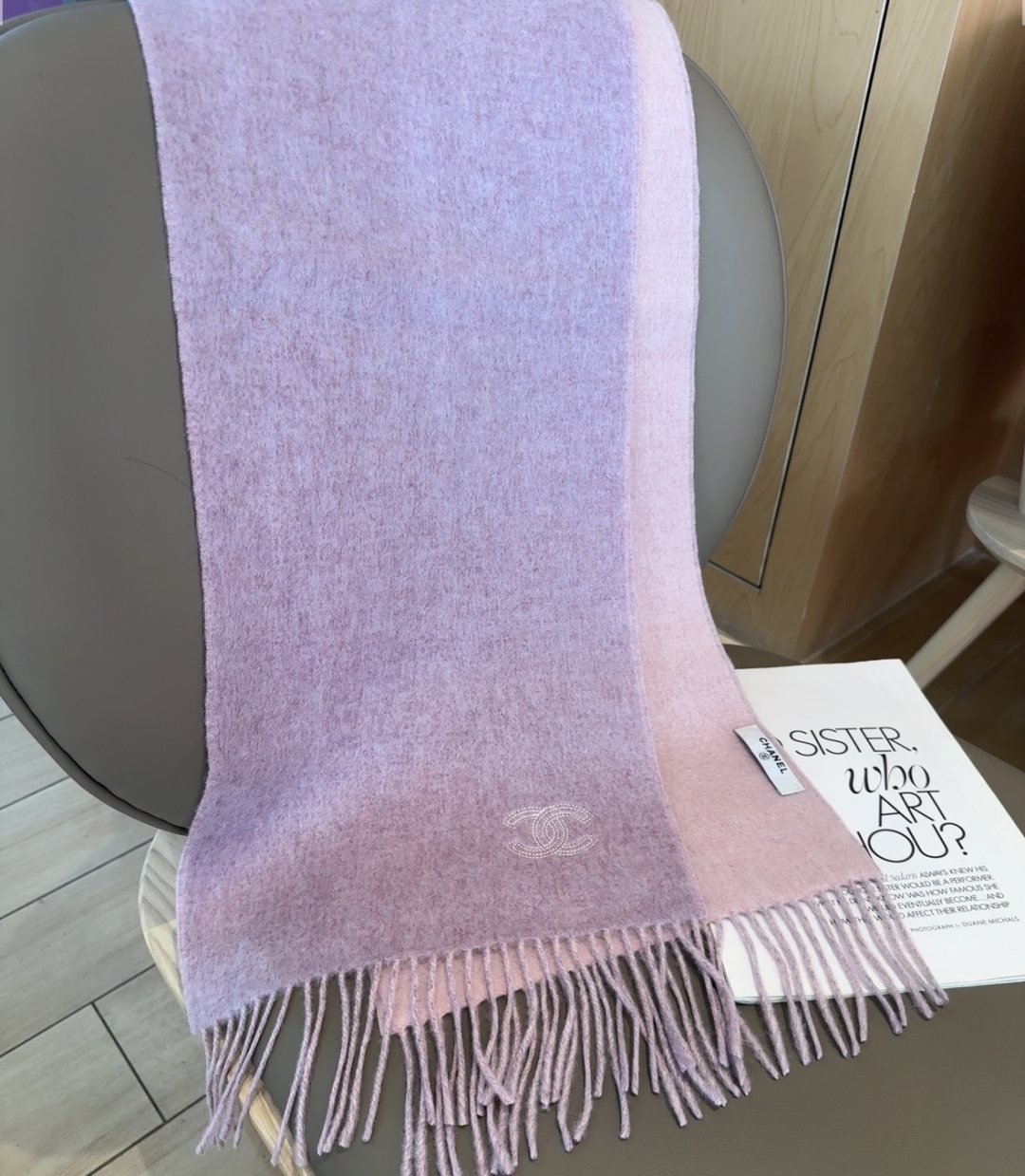 Chanel Mauve and Pale Pink Fringed Scarf product image 7, provided for visual reference and product detail review