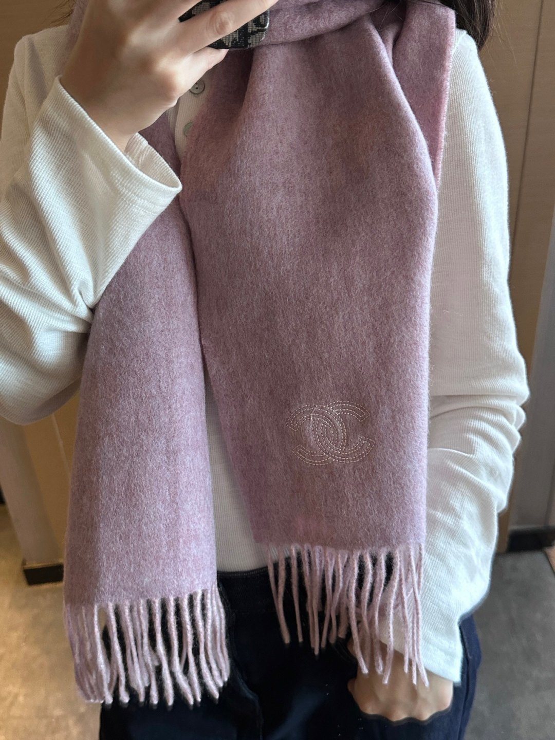 Chanel Mauve and Pale Pink Fringed Scarf product image 2, provided for visual reference and product detail review
