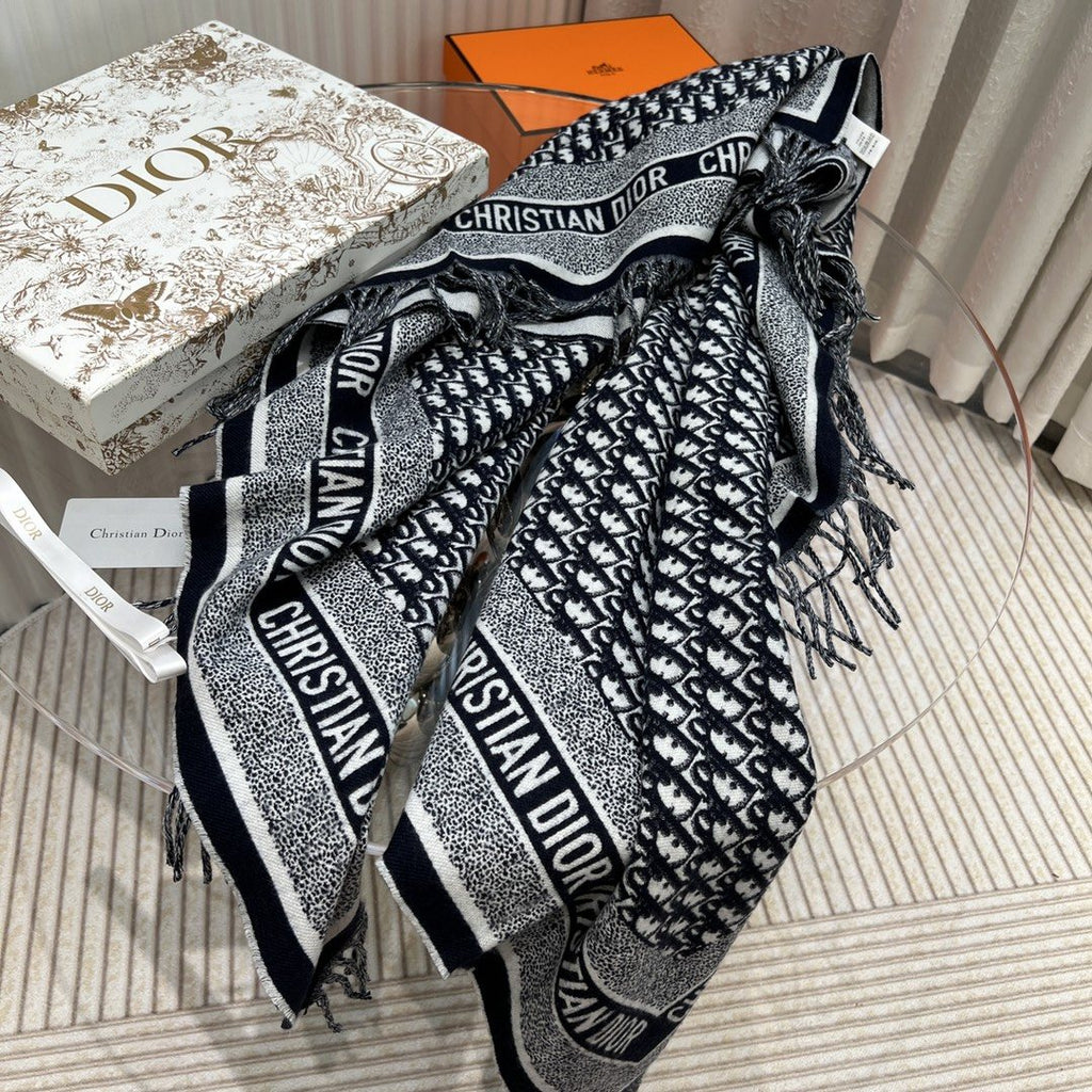 Dior Black & Ivory Fringed Shawl product image 2, provided for visual reference and product detail review