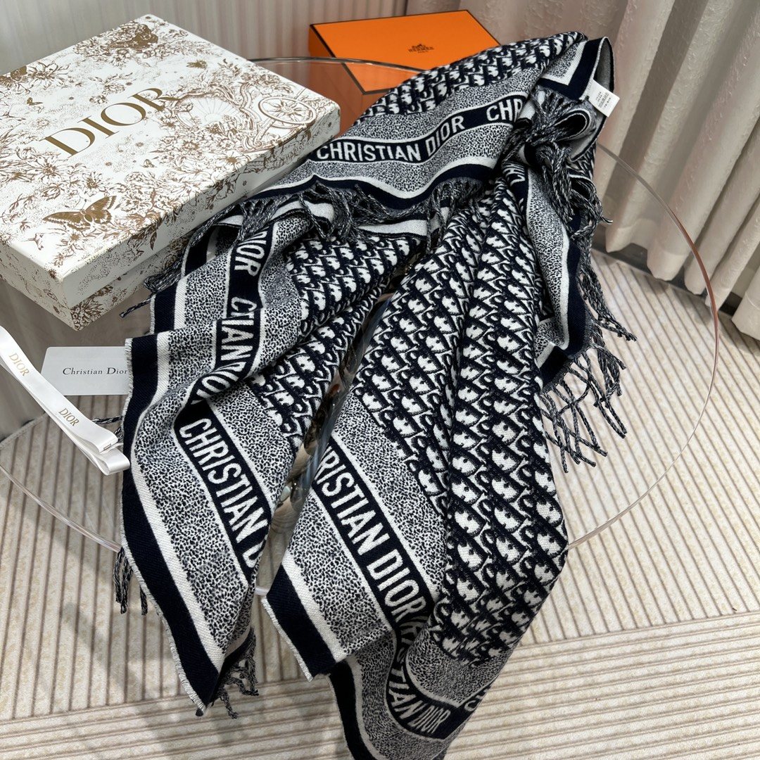 Dior Black & Ivory Fringed Shawl product image 2, provided for visual reference and product detail review
