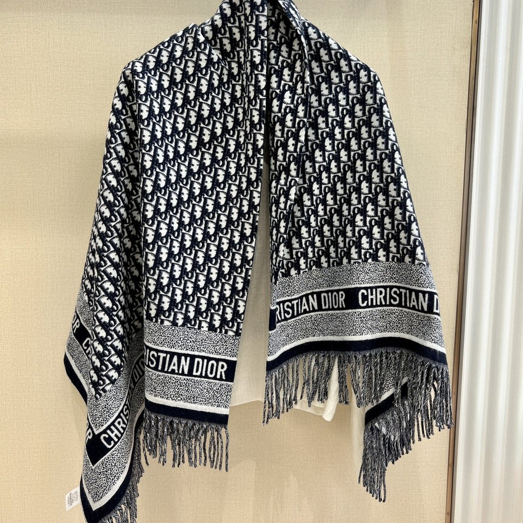 Dior Black & Ivory Fringed Shawl product image 1, provided for visual reference and product detail review