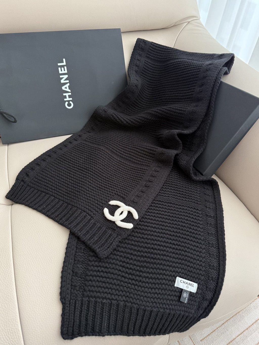 Chanel Black Ribbed Knit Scarf product image 3, provided for visual reference and product detail review