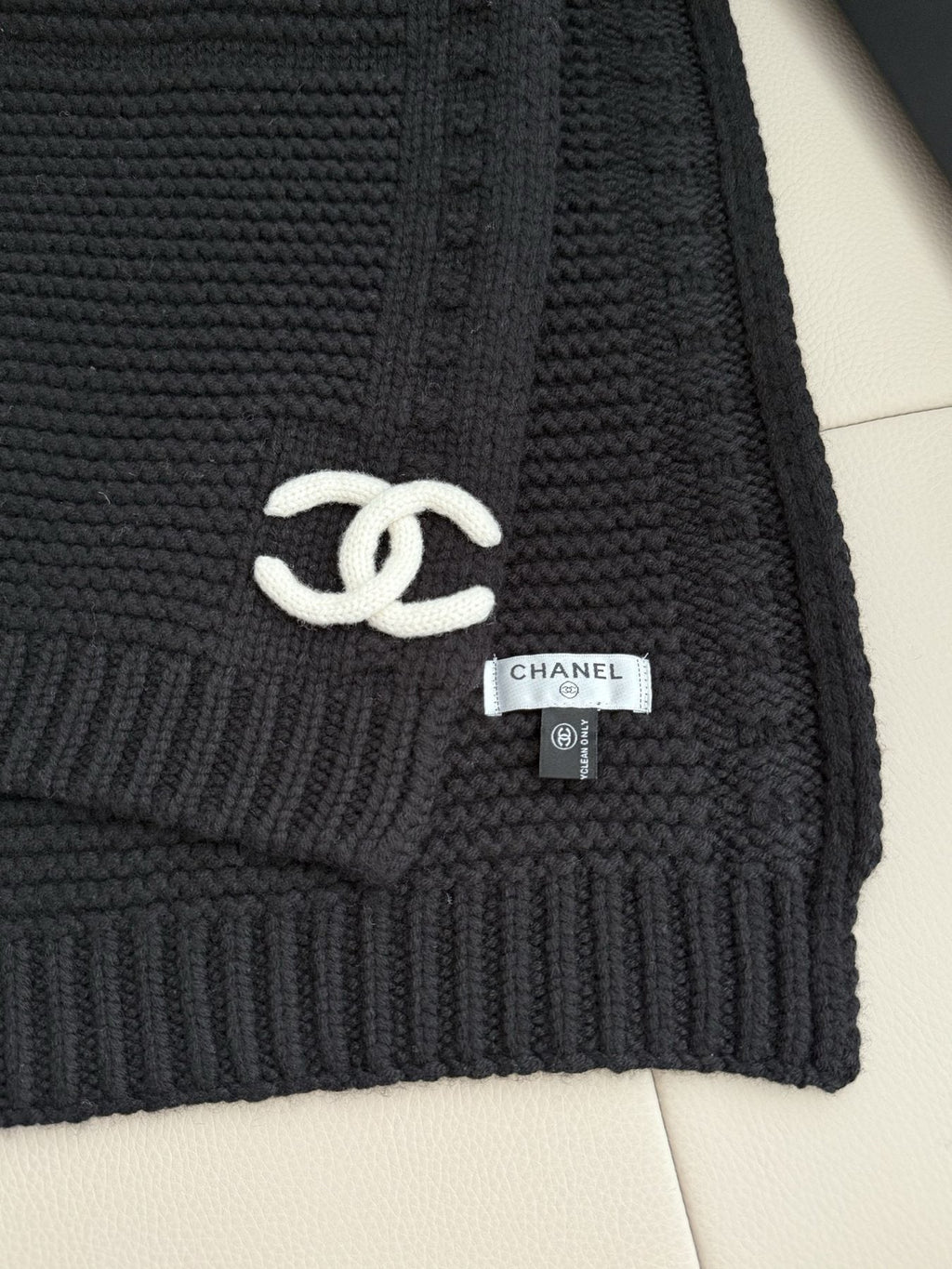 Chanel Black Rib-Knit Logo Scarf product image 6, provided for visual reference and product detail review