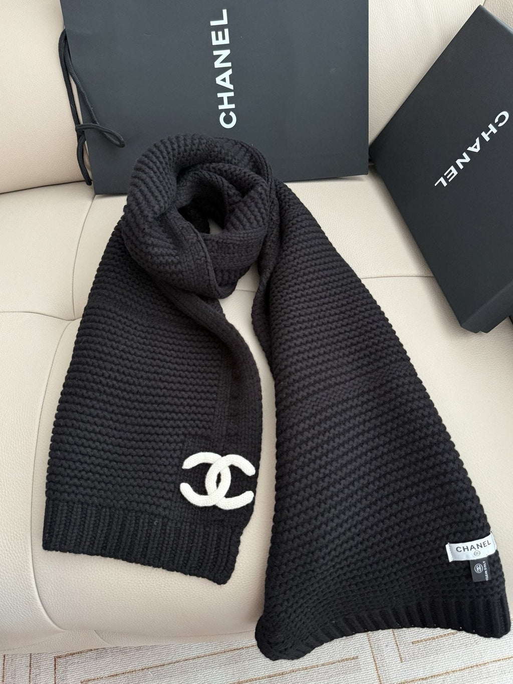 Chanel Black Ribbed Knit Scarf product image 2, provided for visual reference and product detail review