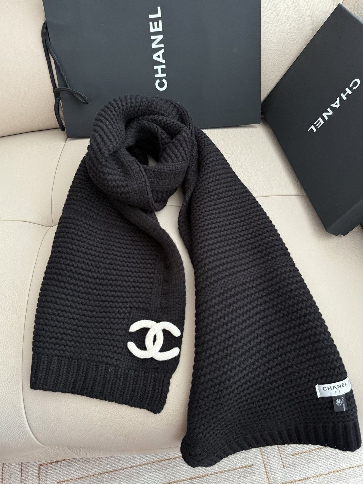 Chanel Black Ribbed Knit Scarf product image 2, provided for visual reference and product detail review