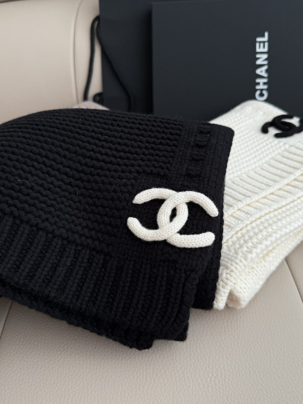 Chanel Black Ribbed Knit Scarf product image 7, provided for visual reference and product detail review