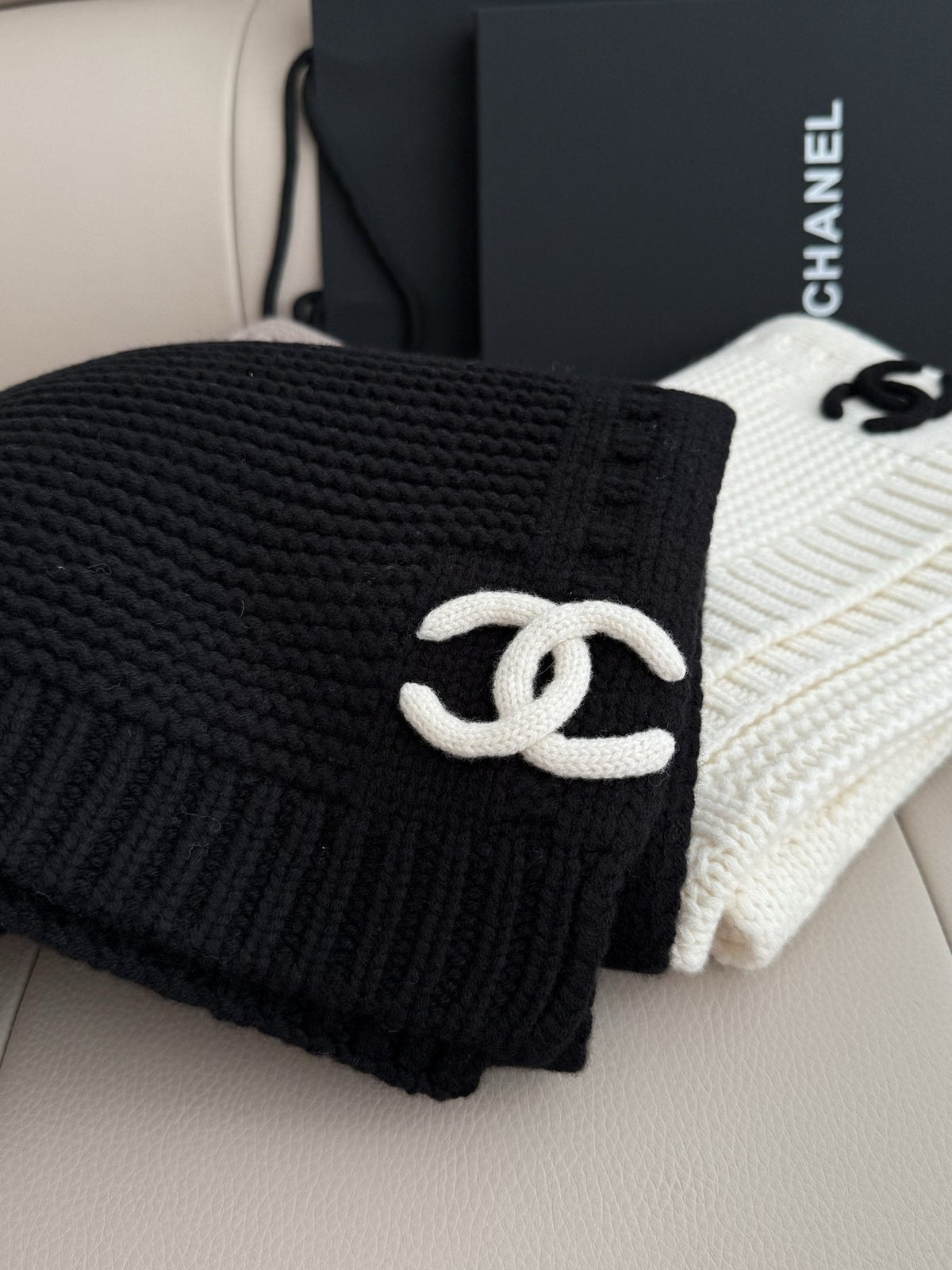 Chanel Black Ribbed Knit Scarf product image 7, provided for visual reference and product detail review