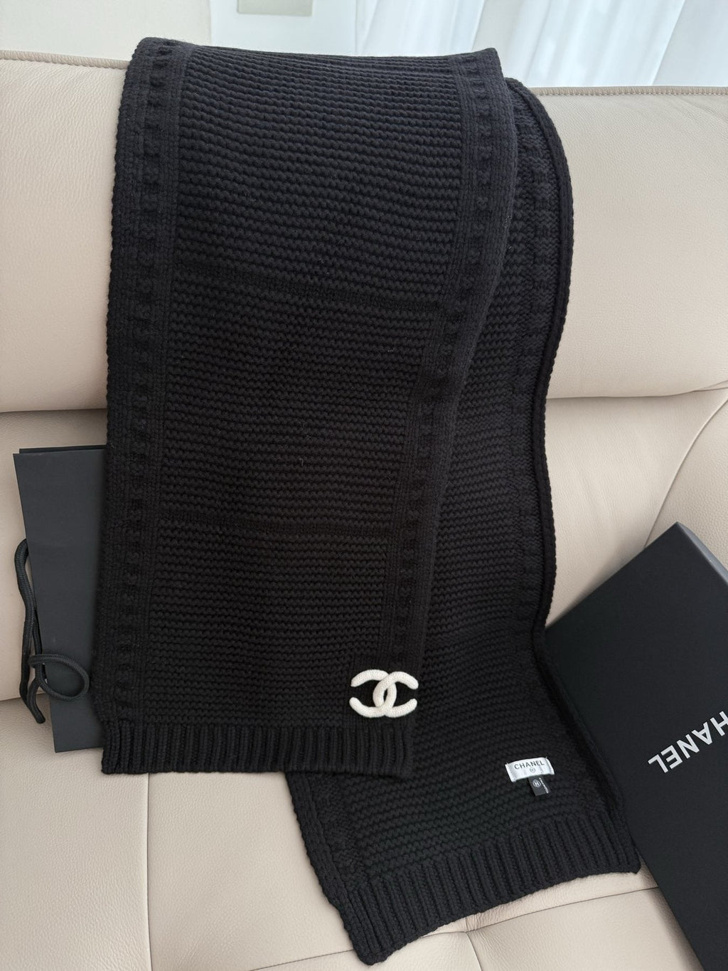 Chanel Black Rib-Knit Logo Scarf product image 5, provided for visual reference and product detail review