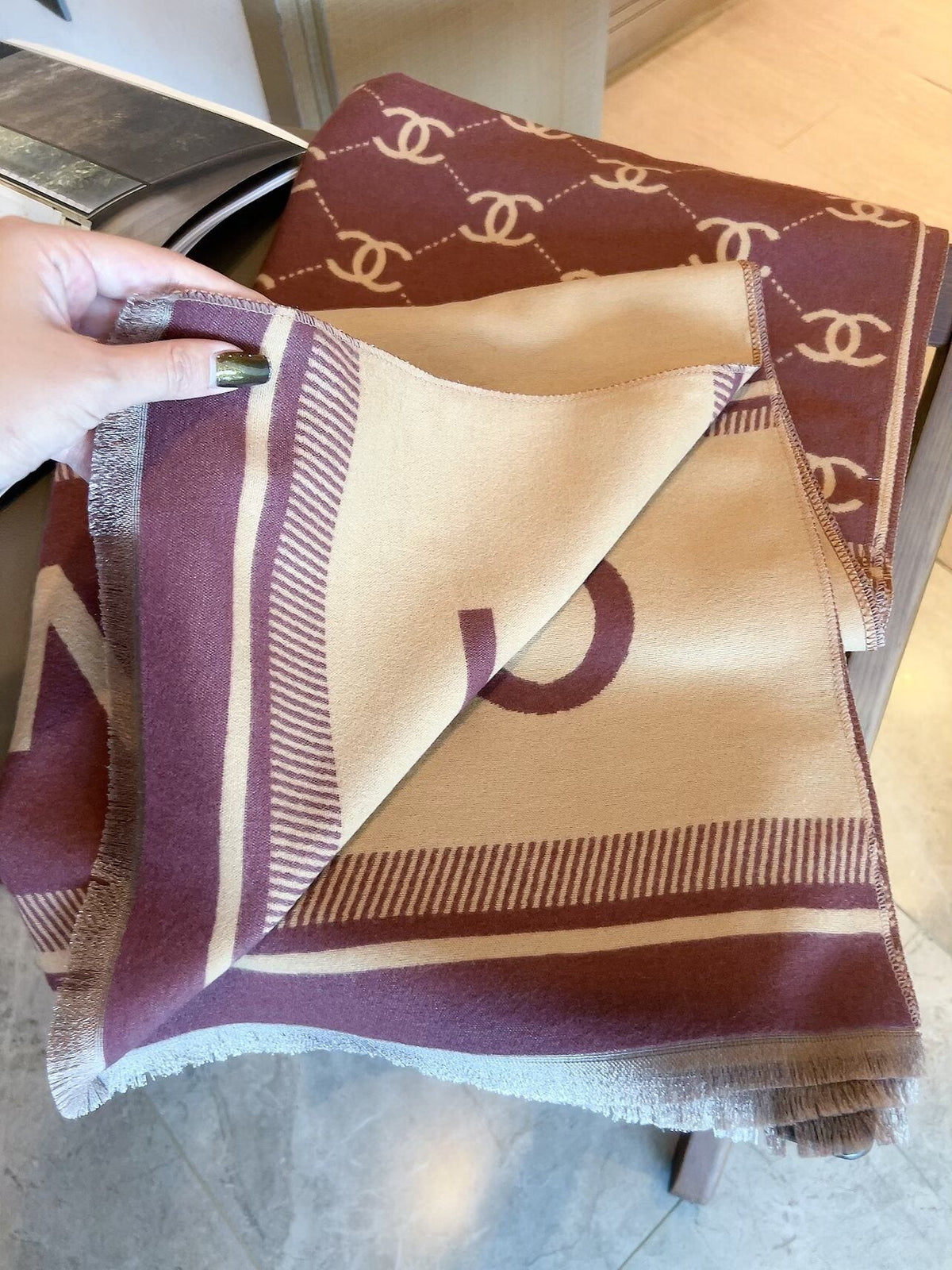 Chanel Burgundy Beige Motif Scarf product image 5, provided for visual reference and product detail review
