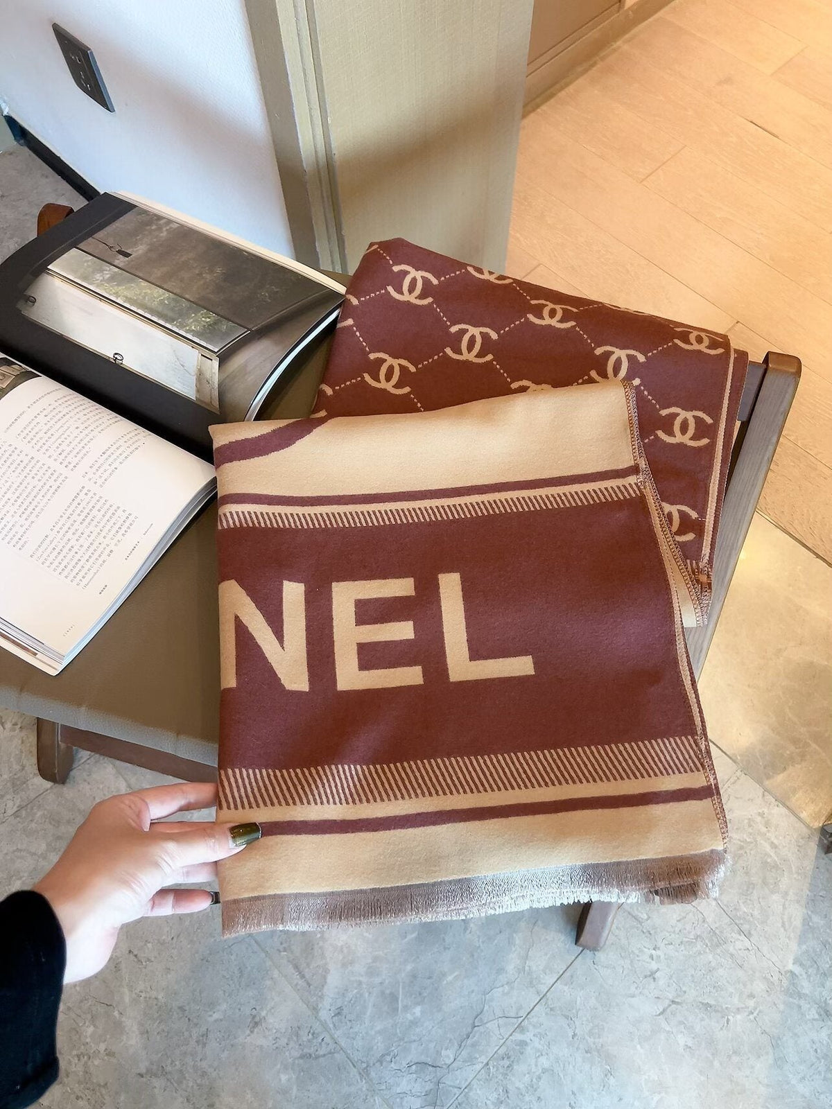 Chanel Burgundy Beige Motif Scarf product image 4, provided for visual reference and product detail review