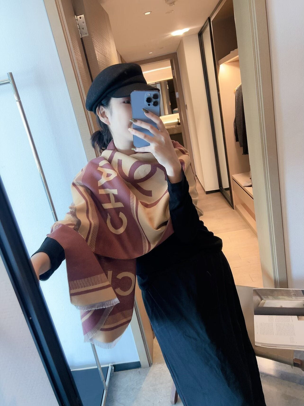 Chanel Burgundy Beige Motif Scarf product image 2, provided for visual reference and product detail review