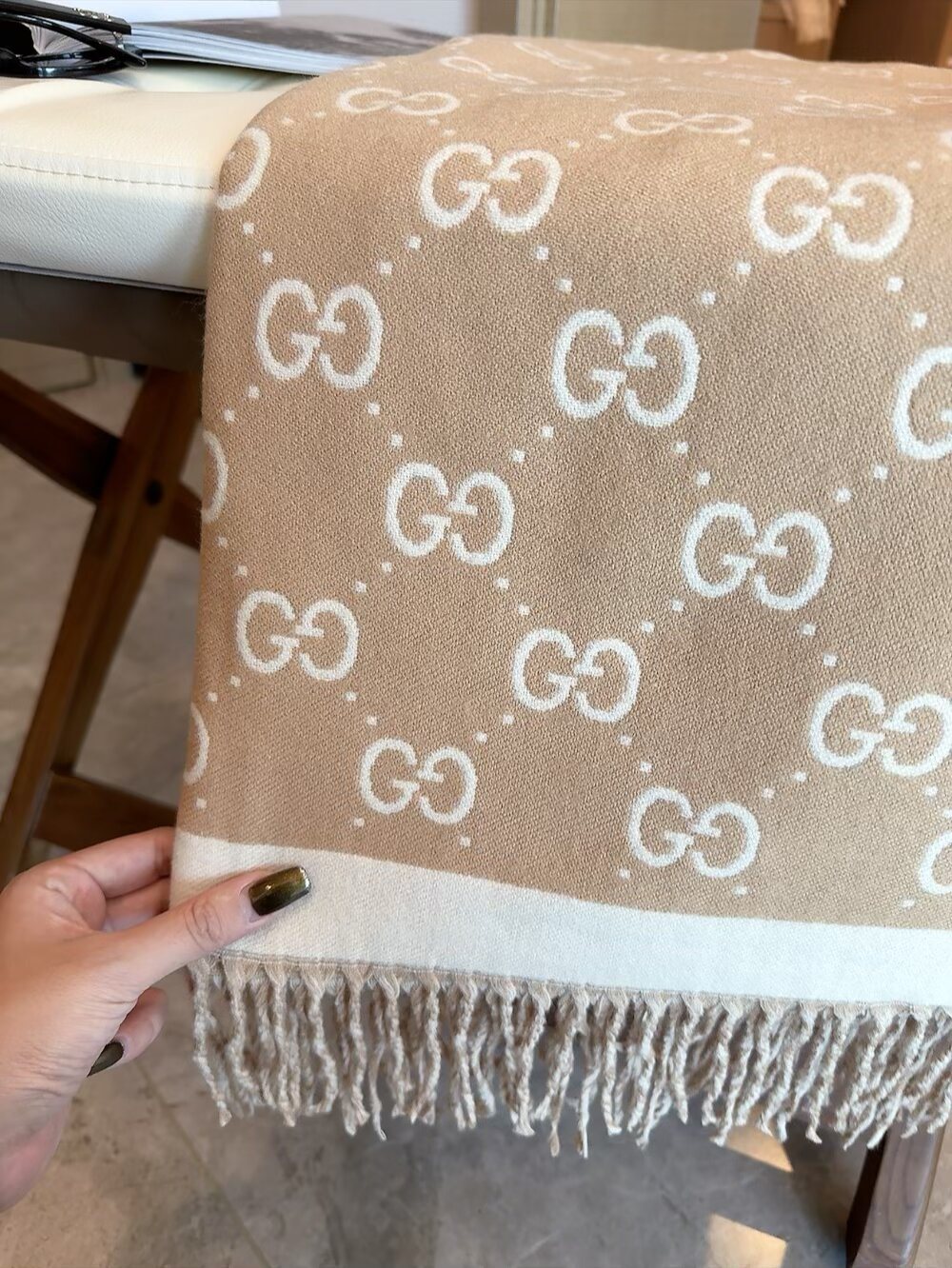 Gucci Black & Beige Fringed Shawl product image 9, provided for visual reference and product detail review