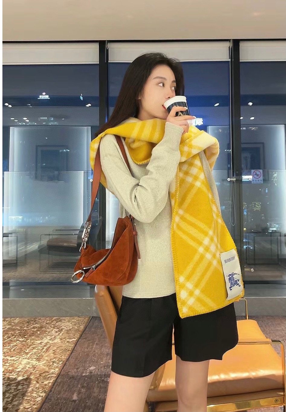Burberry Yellow Plaid Fringe Scarf product image 2, provided for visual reference and product detail review