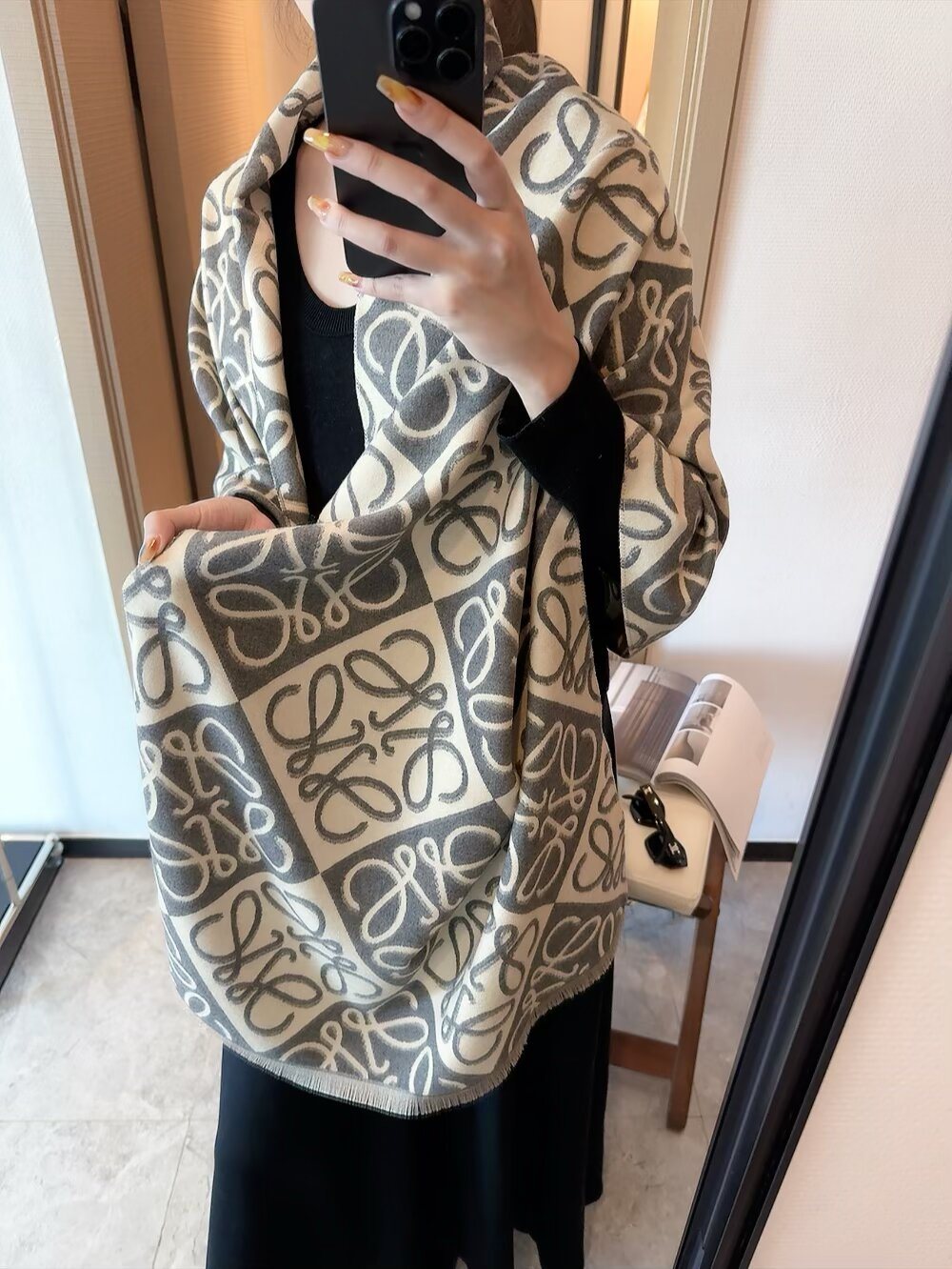 Loewe Taupe Graphic Motif Scarf product image 7, provided for visual reference and product detail review