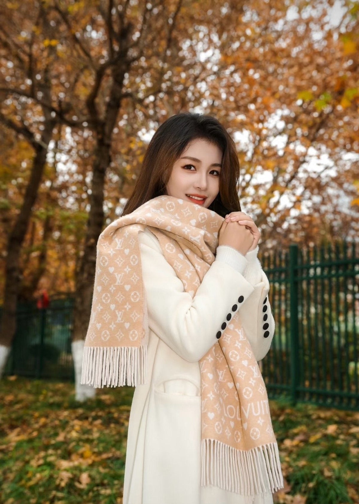 Louis Vuitton Beige & Ivory Monogram Fringed Scarf product image 3, provided for visual reference and product detail review