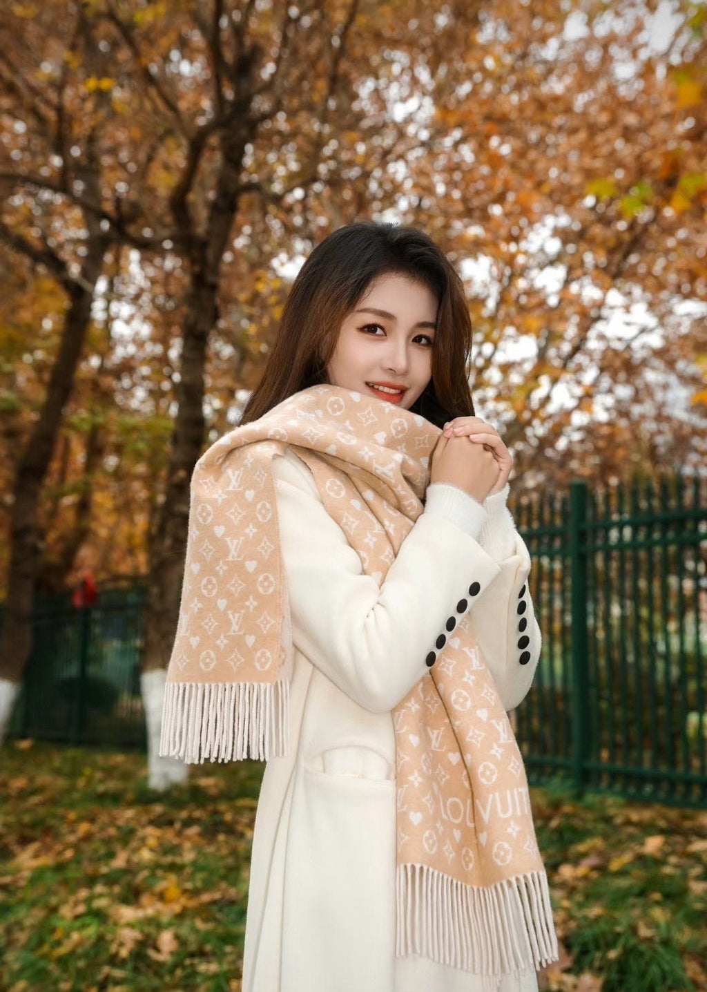 Louis Vuitton Taupe Monogram Fringe Scarf product image 2, provided for visual reference and product detail review