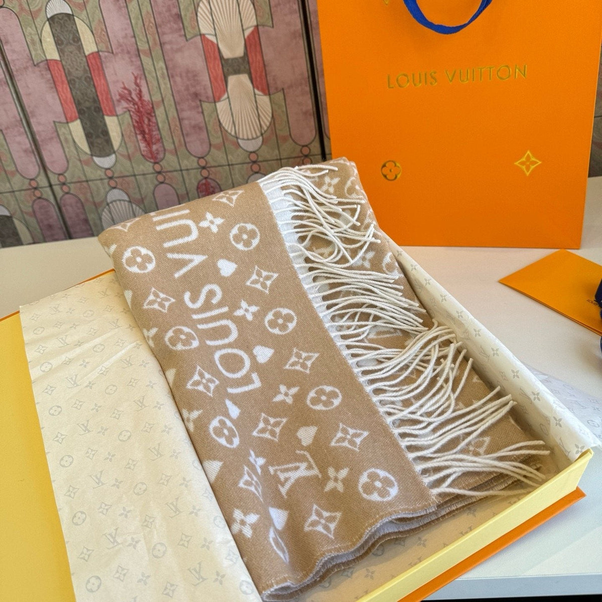 Louis Vuitton Taupe Monogram Fringe Scarf product image 5, provided for visual reference and product detail review