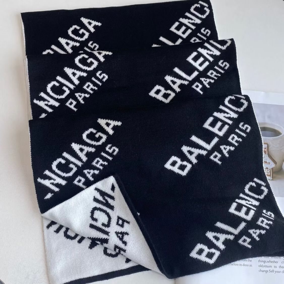 Balenciaga Black & White Knitted Scarf product image 3, provided for visual reference and product detail review