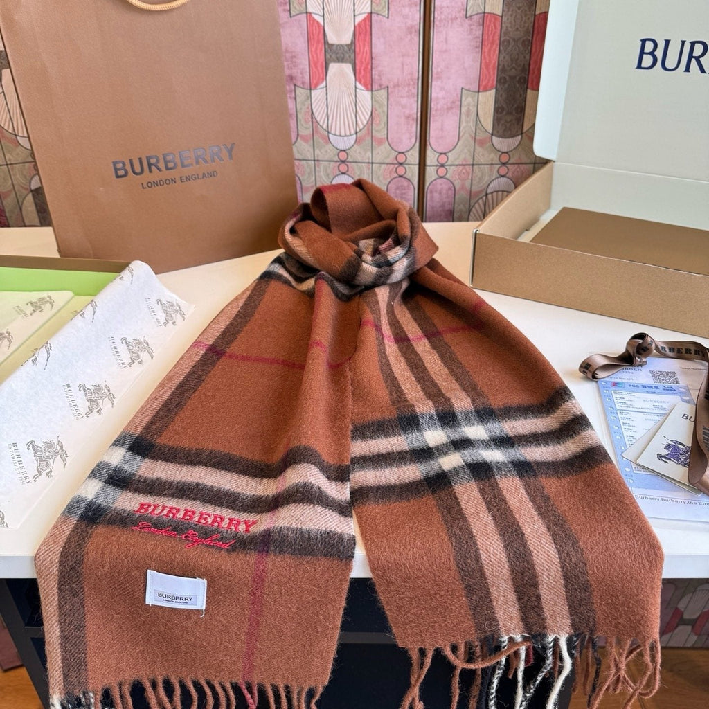 Burberry Brown Plaid Scarf with Embroidered Logo product image 2, provided for visual reference and product detail review