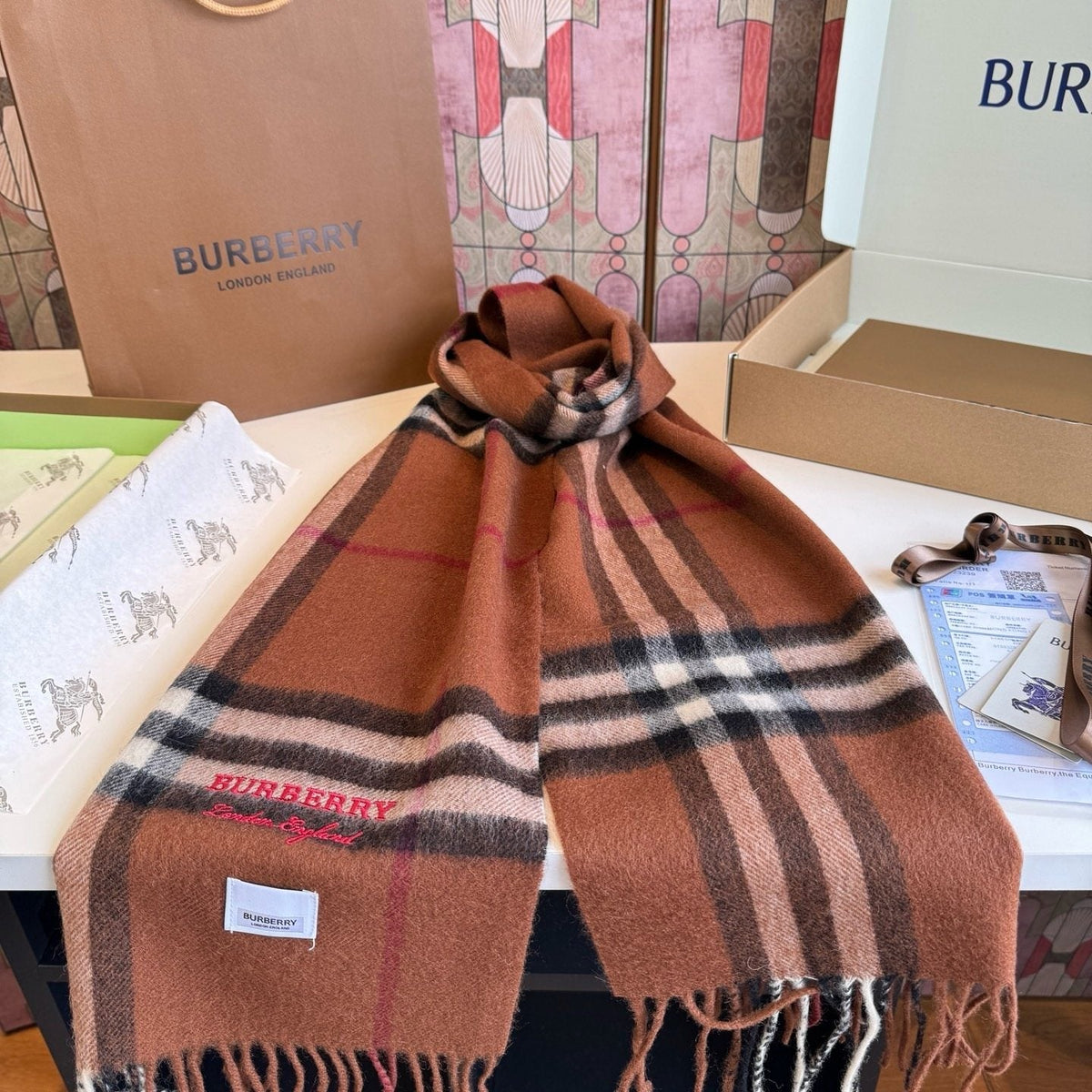 Burberry Brown Plaid Scarf with Embroidered Logo product image 2, provided for visual reference and product detail review