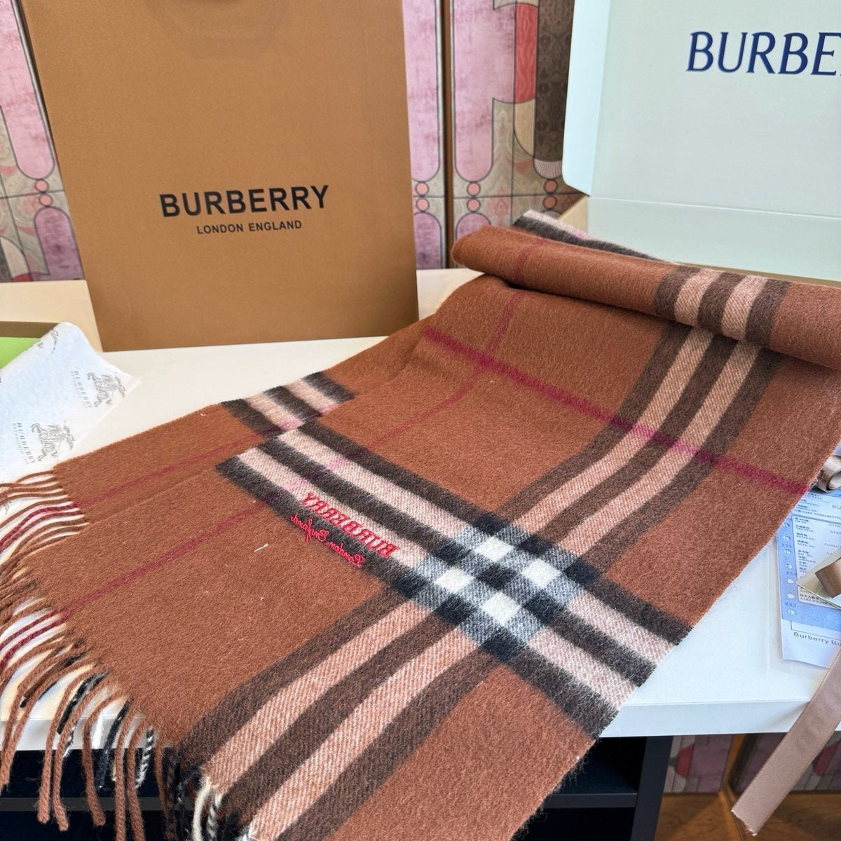 Burberry Brown Plaid Scarf with Embroidered Logo product image 3, provided for visual reference and product detail review