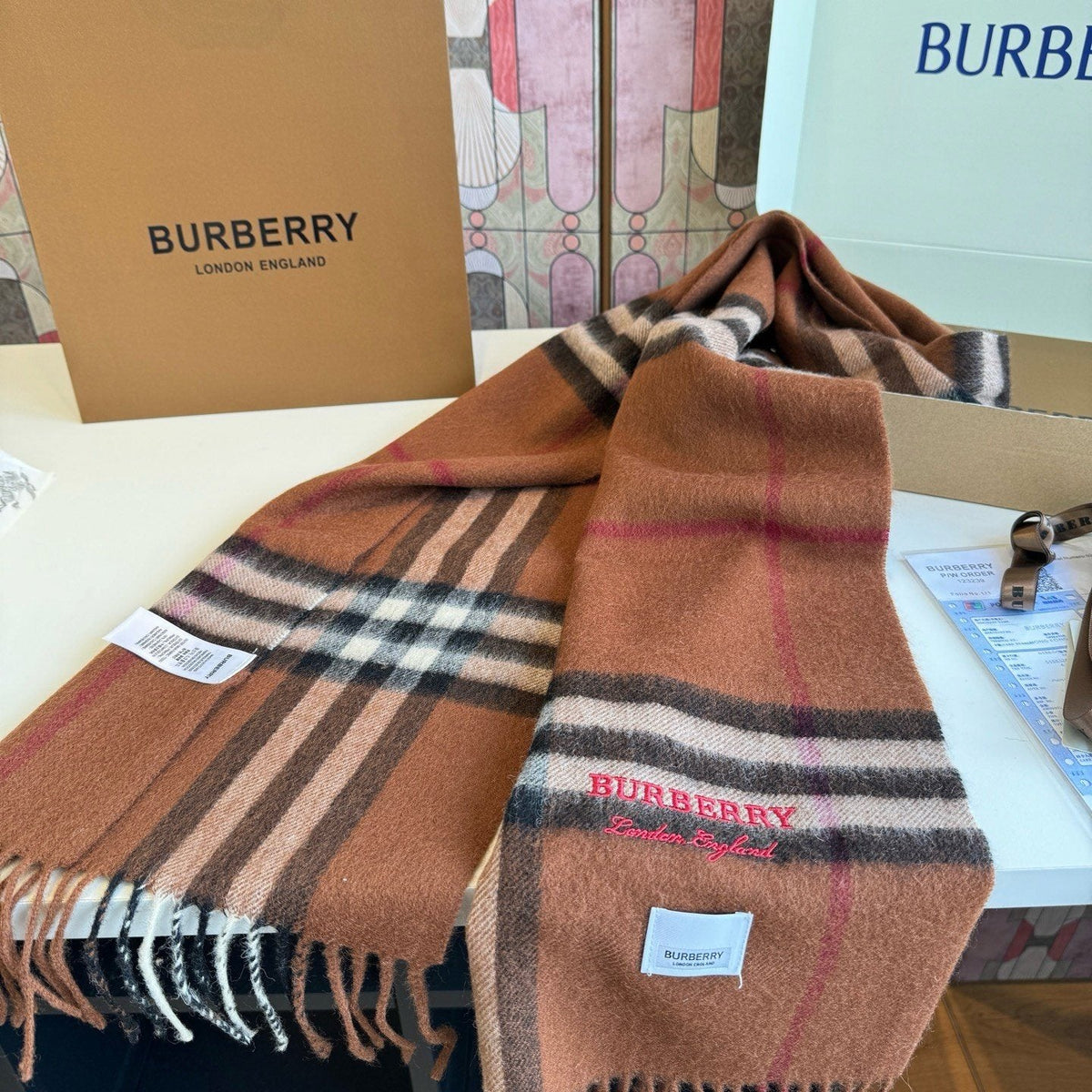 Burberry Brown Plaid Scarf with Embroidered Logo product image 6, provided for visual reference and product detail review