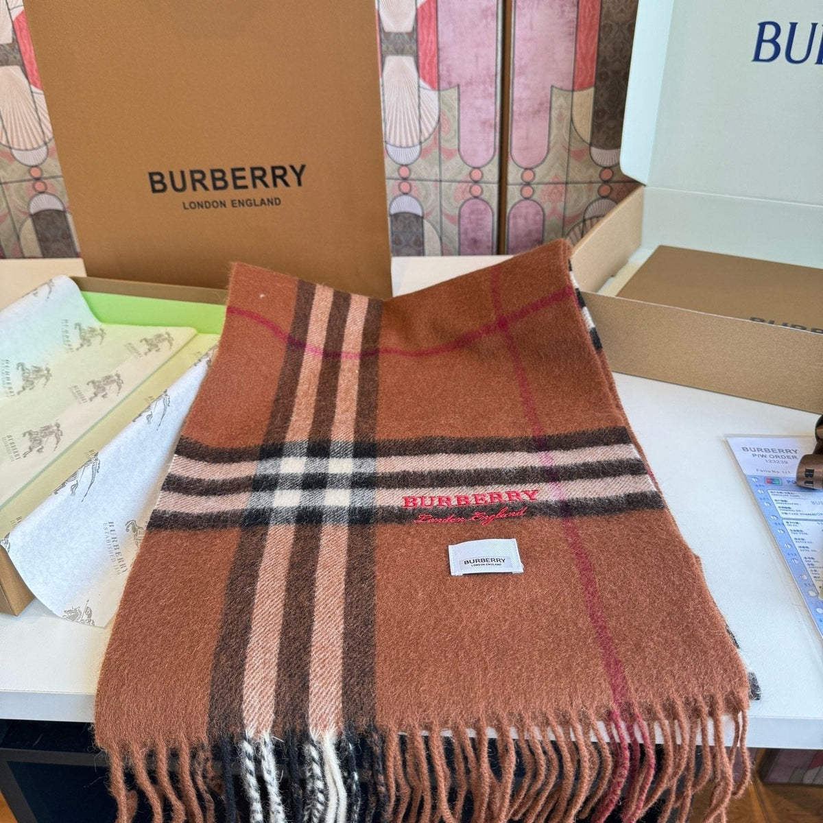 Burberry Brown Plaid Scarf with Embroidered Logo product image 5, provided for visual reference and product detail review