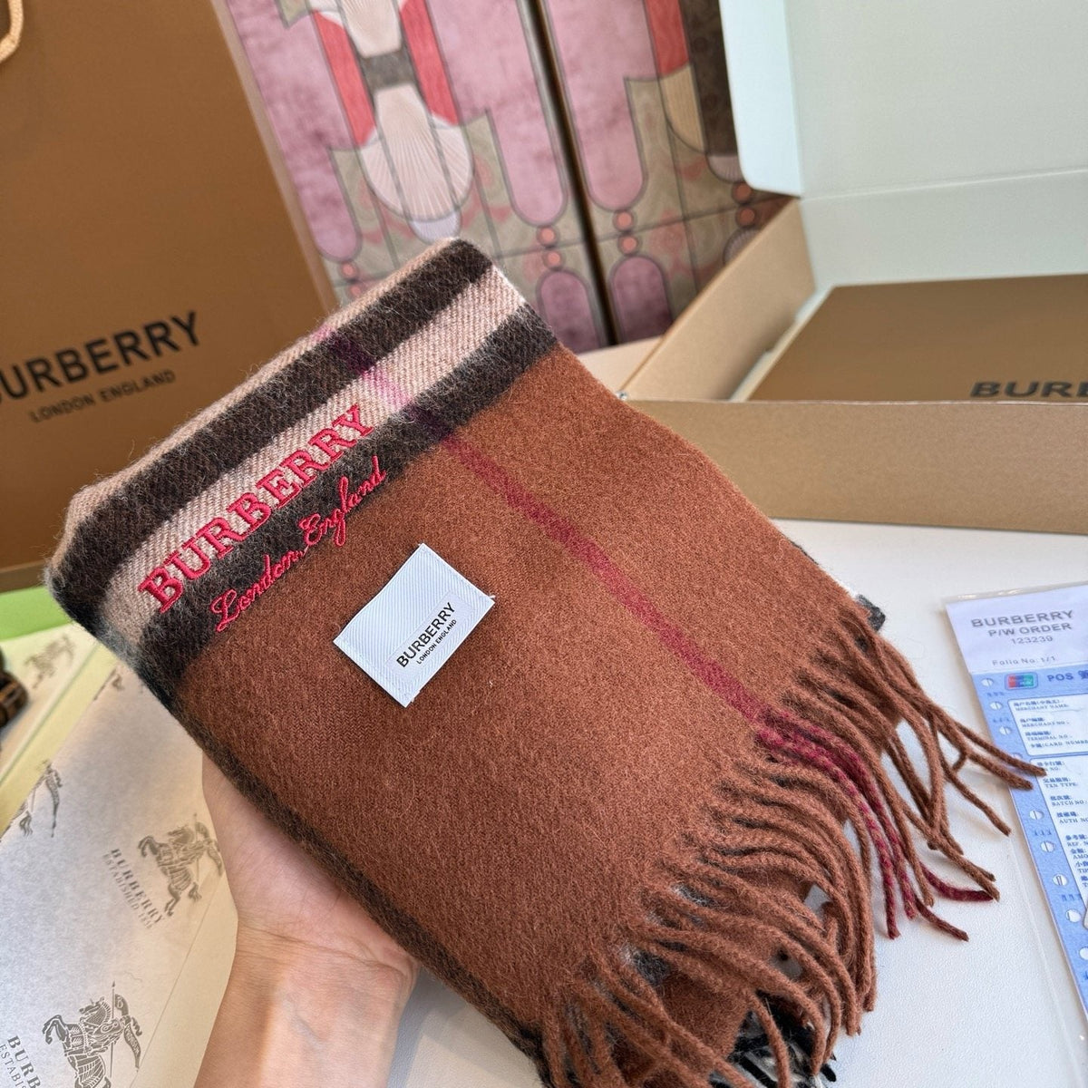 Burberry Brown Plaid Scarf with Embroidered Logo product image 8, provided for visual reference and product detail review