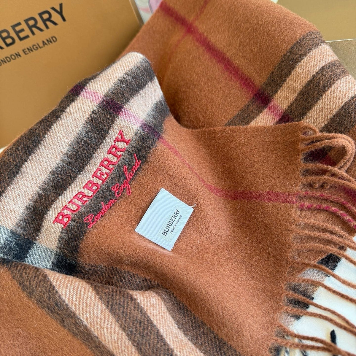 Burberry Brown Plaid Scarf with Embroidered Logo product image 9, provided for visual reference and product detail review