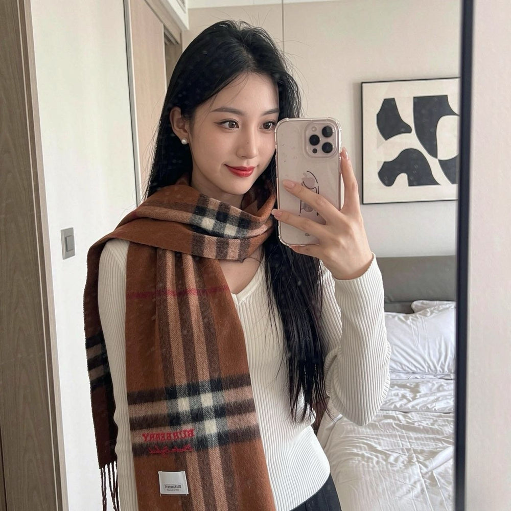 Burberry Brown Plaid Scarf with Embroidered Logo