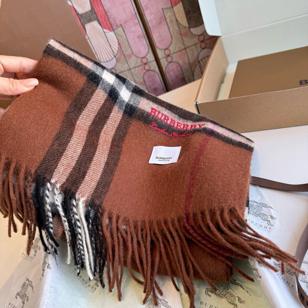 Burberry Brown Plaid Scarf with Embroidered Logo product image 7, provided for visual reference and product detail review