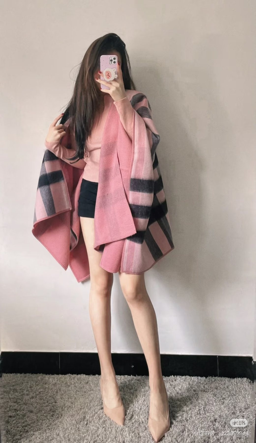 Burberry Pink & Charcoal Plaid Wrap Scarf product image 2, provided for visual reference and product detail review