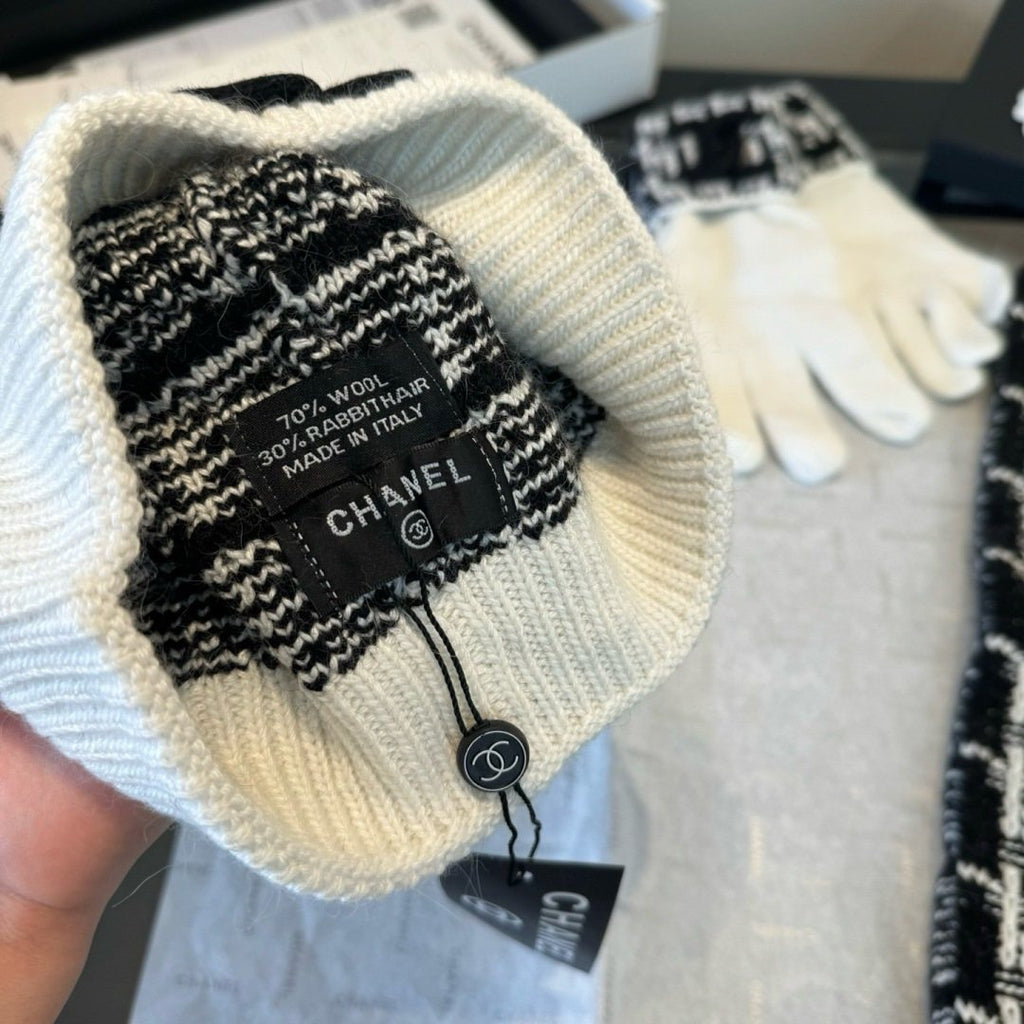 Chanel Black and Ivory Scarf, Beanie and Gloves Set product image 10, provided for visual reference and product detail review