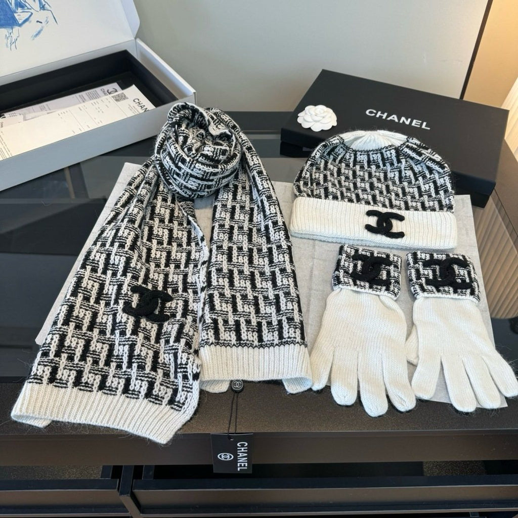 Chanel Black and Ivory Scarf, Beanie and Gloves Set product image 1, provided for visual reference and product detail review