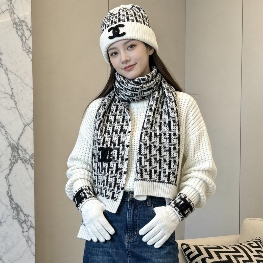 Chanel Black and Ivory Scarf, Beanie and Gloves Set product image 2, provided for visual reference and product detail review