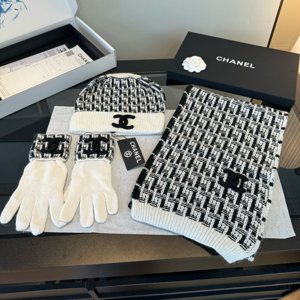Chanel Black and Ivory Scarf, Beanie and Gloves Set product image 3, provided for visual reference and product detail review