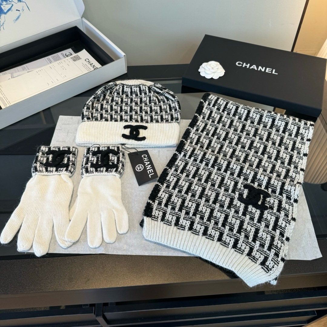 Chanel Black and Ivory Scarf, Beanie and Gloves Set product image 3, provided for visual reference and product detail review