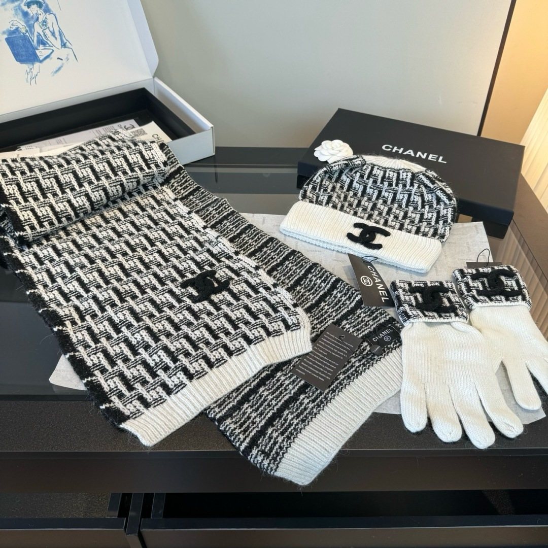 Chanel Black and Ivory Scarf, Beanie and Gloves Set product image 4, provided for visual reference and product detail review