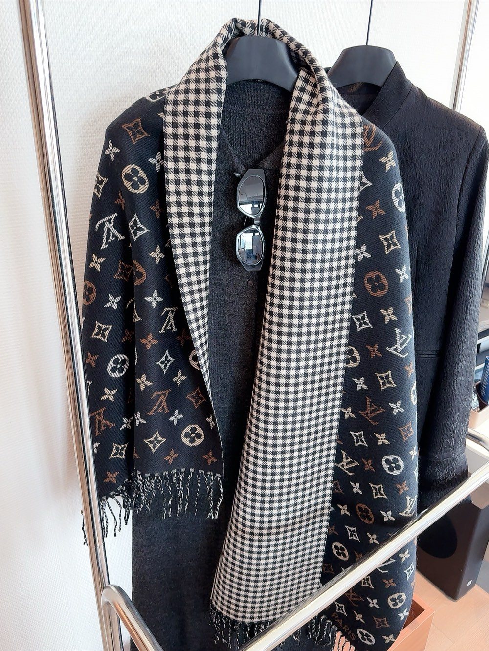 Louis Vuitton Reversible Monogram and Check Fringe Scarf product image 1, provided for visual reference and product detail