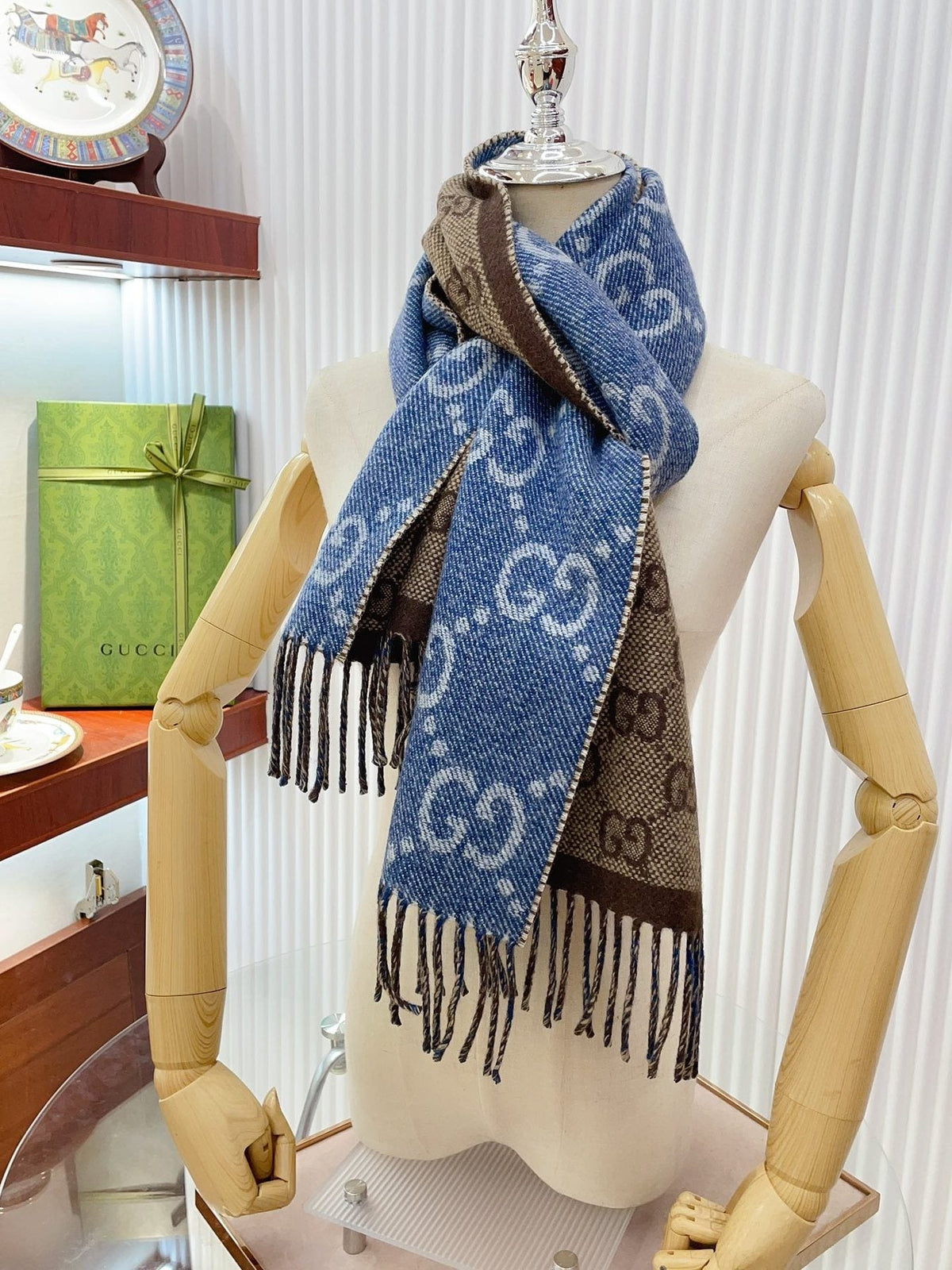 Gucci Reversible Blue and Brown Fringed Scarf product image 3, provided for visual reference and product detail review