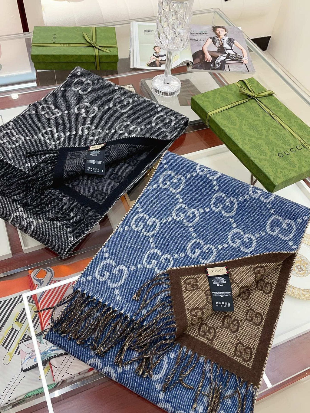 Gucci Reversible Blue and Brown Fringed Scarf product image 4, provided for visual reference and product detail review