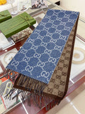 Gucci Reversible Blue and Brown Fringed Scarf product image 1, provided for visual reference and product detail review