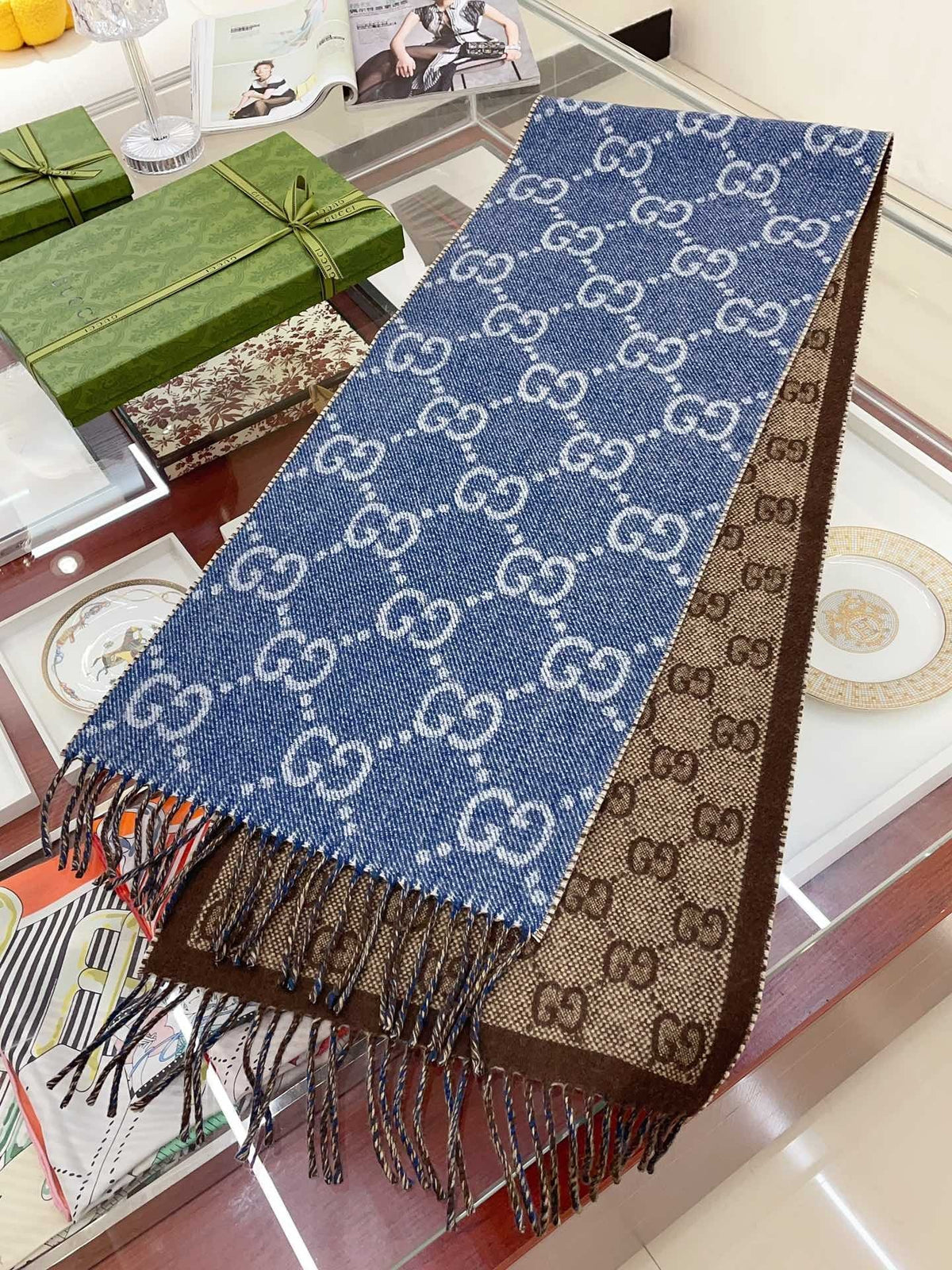 Gucci Reversible Blue and Brown Fringed Scarf product image 1, provided for visual reference and product detail review