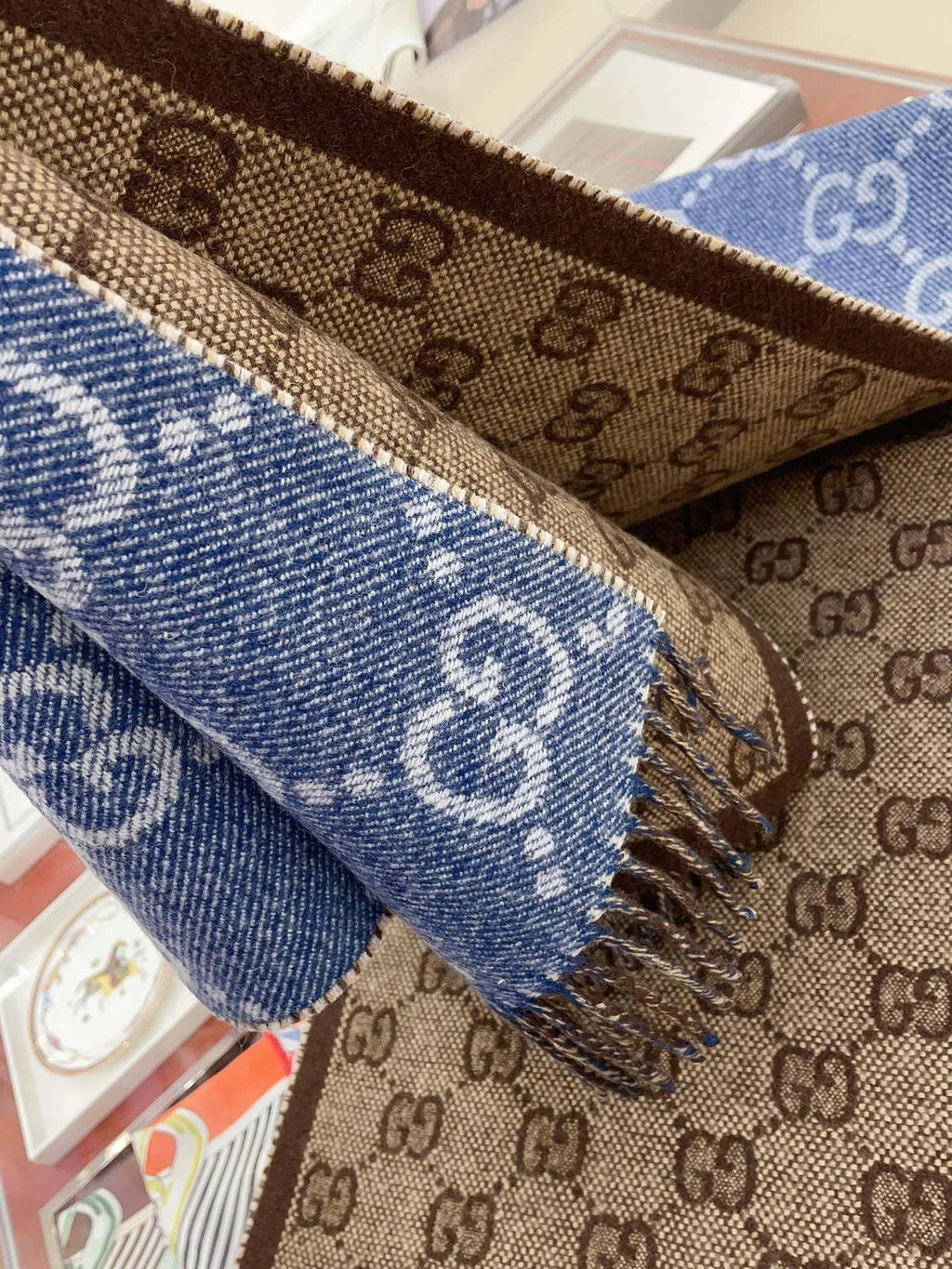 Gucci Reversible Blue and Brown Fringed Scarf product image 5, provided for visual reference and product detail review
