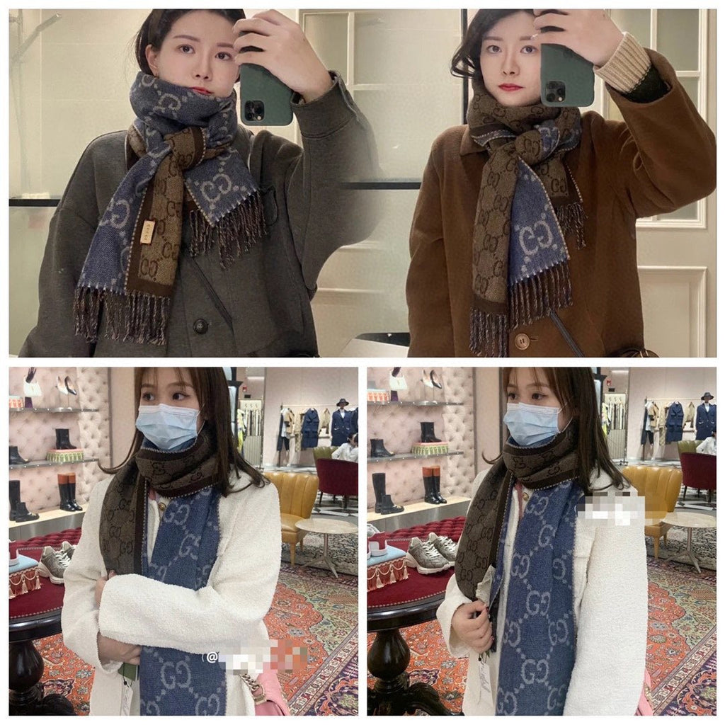 Gucci Reversible Blue and Brown Fringed Scarf product image 6, provided for visual reference and product detail review
