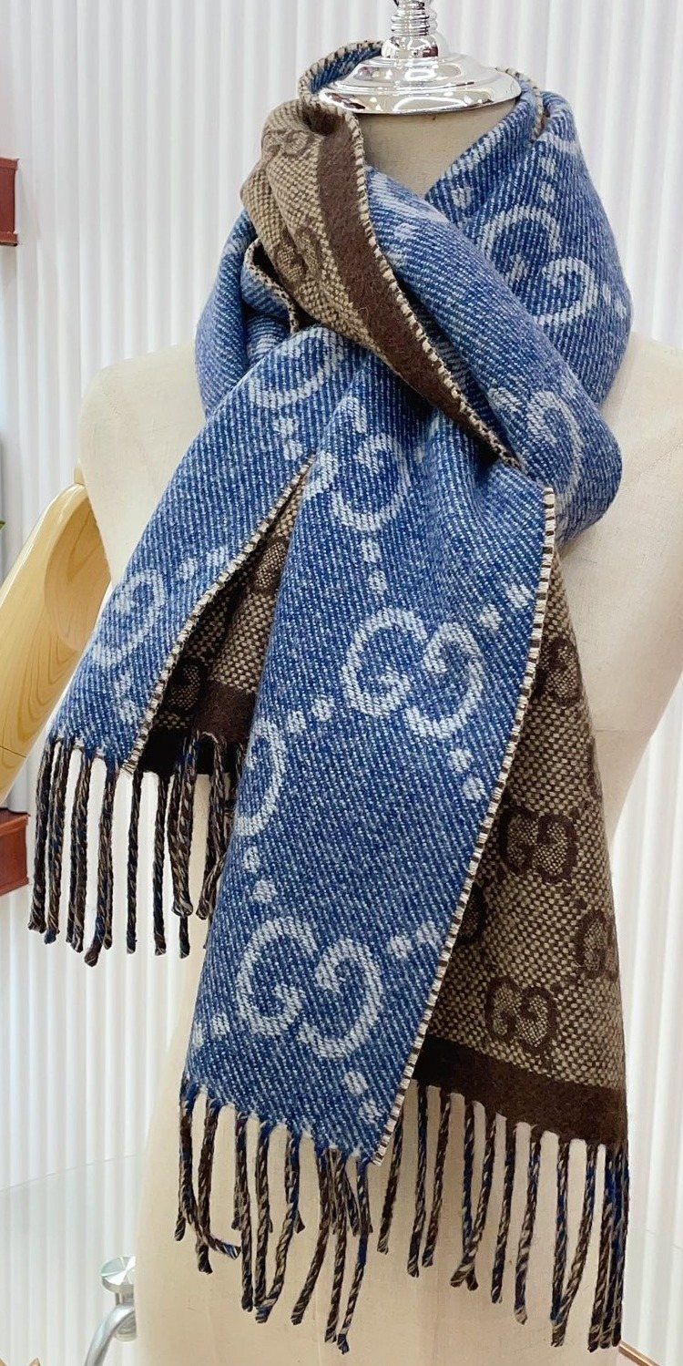 Gucci Reversible Blue and Brown Fringed Scarf product image 2, provided for visual reference and product detail review