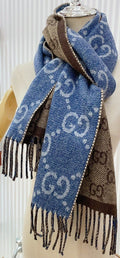 Gucci Blue & Brown Reversible Fringed Scarf product image 1, provided for visual reference and product detail review